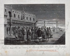 view Astronomy: Galileo with his telescope in the Piazza San Marco, Venice. Wood engraving.