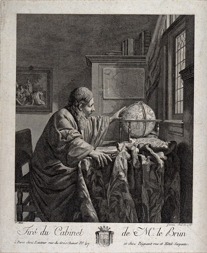 Astronomy: a scholar in his study, plotting points on a globe. Engraving by L. Garreau after J. Vermeer.