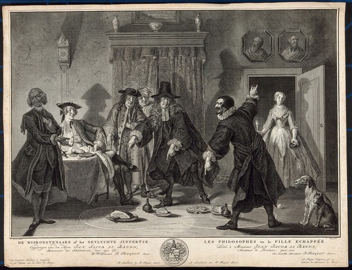 Astronomy: two rival mathematicians, Urinaal and Raasbollius, argue about models of the solar system. Engraving by P. Tanjé, 1758, after C. Troost, 1741, based on a scene in the play The Mathematicians, by P. Langendijk, 1715.