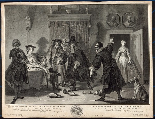 Astronomy: two rival mathematicians, Urinaal and Raasbollius, argue about models of the solar system. Engraving by P. Tanjé, 1758, after C. Troost, 1741, after by P. Langendijk, 1715.