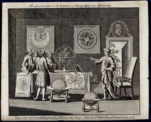 view Astronomy: a savant in his study, instructing a group of gentlemen. Engraving, 1748.