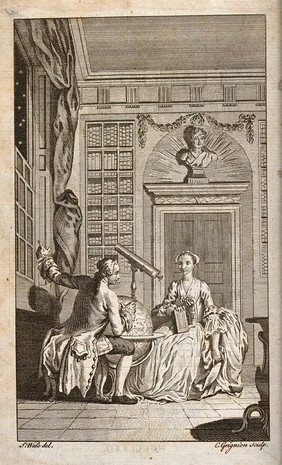 Astronomy: a young astronomer in his study, talking with his sister, who holds a book in her lap. Engraving by C. Grignion after S. Wale.