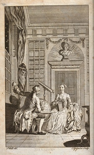 view Astronomy: a young astronomer in his study, talking with his sister, who holds a book in her lap. Engraving by C. Grignion after S. Wale.