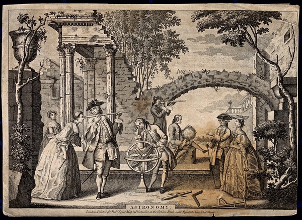 Astronomy: a number of ladies and gentlemen using telescopes and celestial globes, in a landscape of ruined classical architecture. Engraving, [c.1720?].