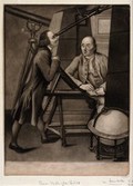 view Astronomy: Thomas Phelps (left) and John Bartlett making astronomical observations in the observatory of the Earl of Macclesfield, Oxfordshire. Mezzotint by J. Watson, 1778.