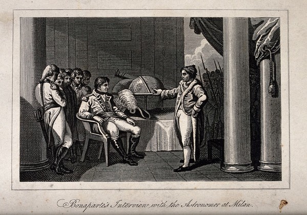 Astronomy: Napoleon Bonaparte listening to an astronomer in Milan. Engraving.