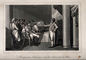 view Astronomy: Napoleon Bonaparte listening to an astronomer in Milan. Engraving.