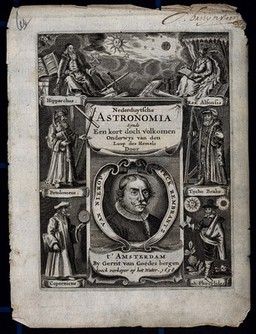 Astronomy: seven astronomers, forming the allegorical titlepage to Dirck Rembrantz van Nierop, Nederduytsche astronomia. Engraving.