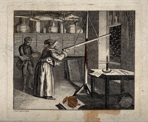 Astronomy: an astronomer in his study, looking out of the window with a telescope. Engraving by C. Grignion after S. Wale.
