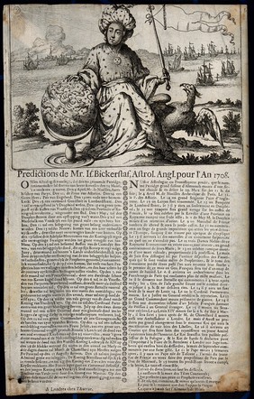 Astronomy: an astrologer sits in a landscape with his hand on a globe. Line engraving, 1707 [?].