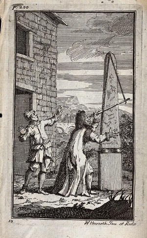 view Astronomy: the astronomer Sidrophel, using a telescope, misidentifies a kite as a comet. Etching by W. Hogarth, ca. 1721.