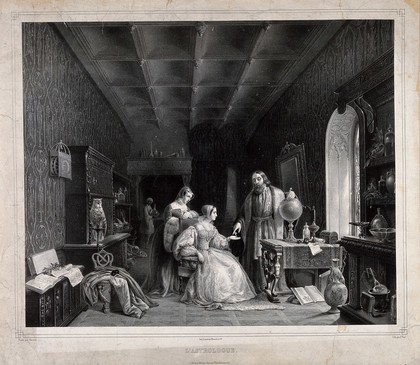 An astrologer telling a lady's fortune. Lithograph by J. Prat after C.C. Renoux.