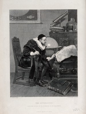 view Astronomy: an astronomer in his study, reading, while holding a pair of dividers. Woodcut.