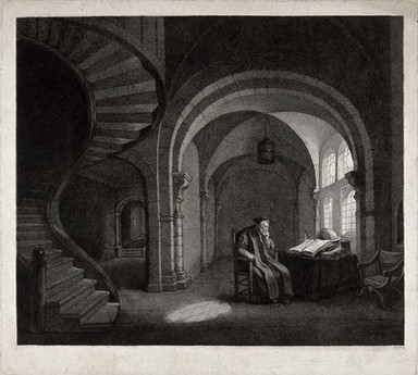 A scholar sits in his study reading by a globe. Line engraving by G. Longhi after J. Swebach-Desfontaines after S. Koninck.
