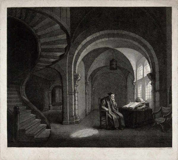 A scholar sits in his study reading by a globe. Line engraving by G. Longhi after J. Swebach-Desfontaines after S. Koninck.