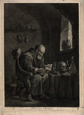 A scholar pores over a book, searching for inspiration. Etching by F. Basan after D. Teniers the younger.