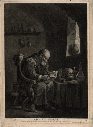 view A scholar pores over a book, searching for inspiration. Etching by F. Basan after D. Teniers the younger.