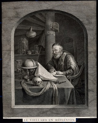 A scholar in his study. Engraving by N.J. Voyez after G. Dou.