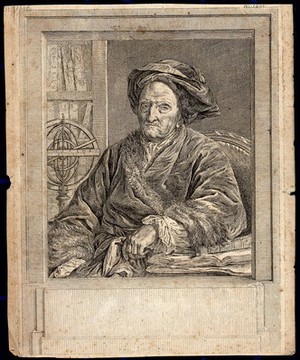 view A man wearing a cloak edged with fur is sitting at a table with a small book and some coins, he is surrounded by antique classical statues. Engraving.