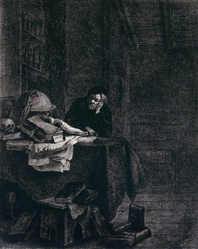 A scholar sits in his study reading beside a globe. Line engraving by V. Denon, 1784, after G. Metsu (?).