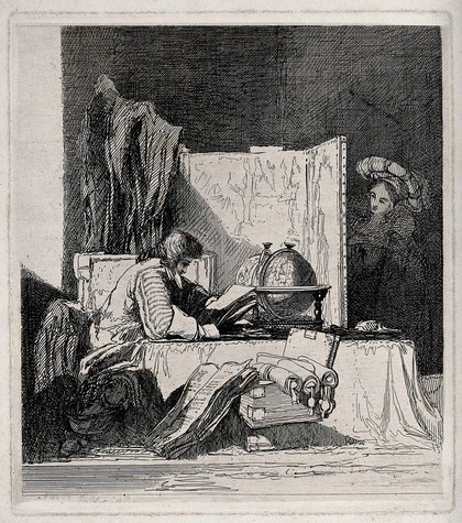 A scholar sits in his study reading by a globe, a woman peeps from behind a screen. Etching by J.S. Cotman.