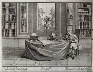 view Cleveland, the ficitious natural son of Oliver Cromwell, sits in a library reading, but philosophy cannot prevent the conflict within him between the senses and reason. Line engraving, 1751.