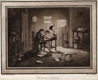 Astronomy and mathematics: Samuel Vince reading in his rooms at Sidney Sussex College, Cambridge, by the light of a shaded lamp. Aquatint by F. Jukes with engraving by J. K. Baldrey after R. C. Chilton, c.1784.