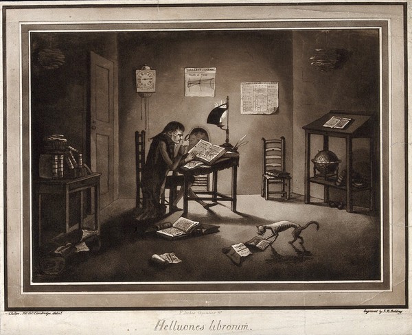Astronomy and mathematics: Samuel Vince reading in his rooms at Sidney Sussex College, Cambridge, by the light of a shaded lamp. Aquatint by F. Jukes with engraving by J. K. Baldrey after R. C. Chilton, c.1784.