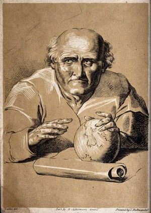 view Astronomy: an astronomer [?] in his study, holding a globe. Lithograph by C. Hullmandel after Grattan.