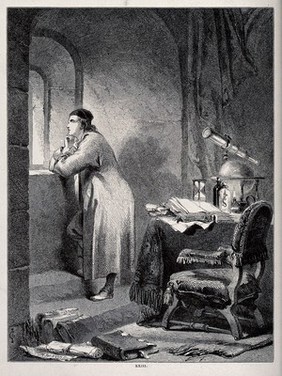 Astronomy: an astronomer [?] in his study, looking out of the window. Lithograph by M. Jackson after J. G.