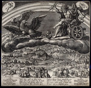 view Jupiter in his chariot drawn by eagles. Engraving by J. Sadeler after M. de Vos.