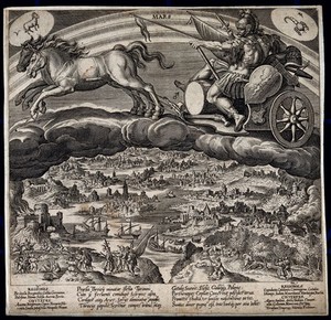 view Mars in his chariot. Engraving by J. Sadeler after M. de Vos.