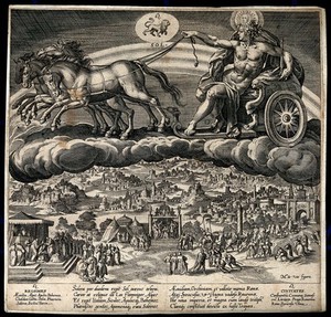 view Apollo riding the chariot of the Sun across the heavens. Engraving by J. Sadeler after M. de Vos.