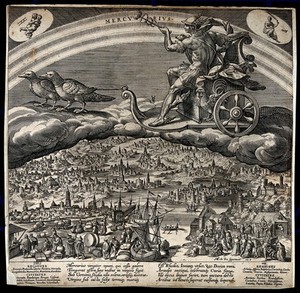 view Mercury in his chariot, riding across the heavens. Engraving by J. Sadeler after M. de Vos.