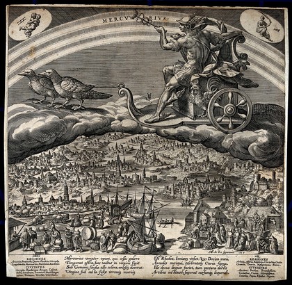 Mercury in his chariot, riding across the heavens. Engraving by J. Sadeler after M. de Vos.