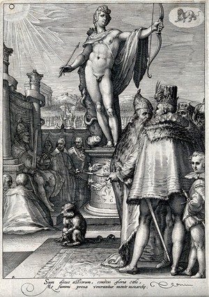 view The reign of Apollo. Engraving by J. Saenredam, 1596, after H. Goltzius.