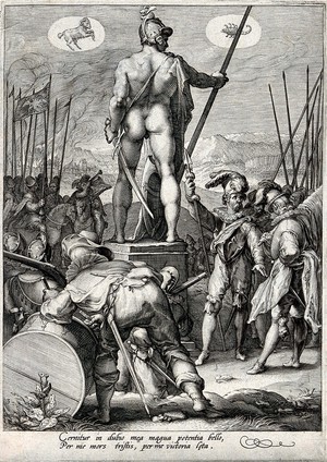 view The reign of Mars (Ares). Engraving by J. Saenredam, 1596, after H. Goltzius.