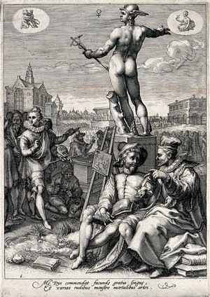 view The reign of Mercury (Hermes). Engraving by J. Saenredam, 1596, after H. Goltzius.