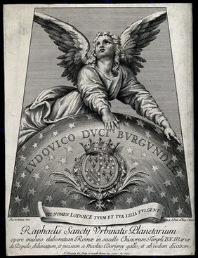 Astronomy: an angel astride the cosmos, looking heavenward. Engraving by N. Dorigny, 1695, after Raphael, 1516.