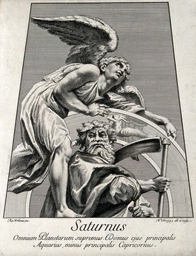 Astronomy: Saturn with his scythe, above, an angel looking heavenward. Engraving by N. Dorigny, 1695, after Raphael, 1516.