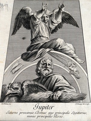 Astronomy: Jupiter with an eagle, an angel above, looking heavenward. Engraving by N. Dorigny, 1695, after Raphael, 1516.