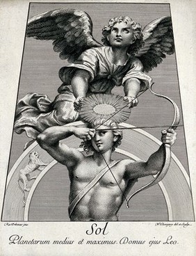 Astronomy: Apollo as the Sun god with his bow and arrow, an angel above, looking heavenward. Engraving by N. Dorigny, 1695, after Raphael, 1516.