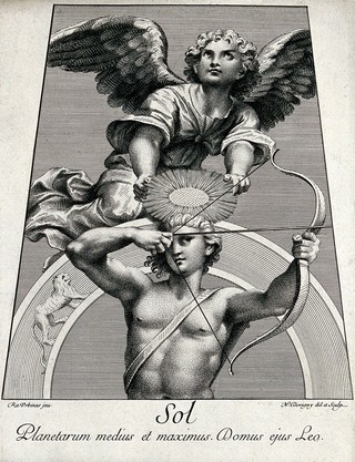Astronomy: Apollo as the Sun god with his bow and arrow, an angel above, looking heavenward. Engraving by N. Dorigny, 1695, after Raphael, 1516.