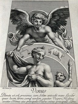 Astronomy: Venus with an attendant cherub, an angel above looking downward. Engraving by N. Dorigny, 1695, after Raphael, 1516.