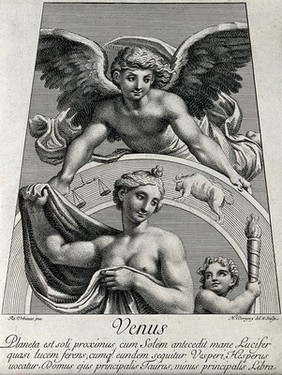 Astronomy: Venus with Cupid, and an angel above looking downward. Engraving by N. Dorigny, 1695, after Raphael, 1516.