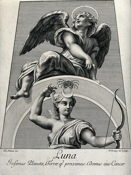 Astronomy: Diana, as Moon goddess, an angel above looking heavenward. Engraving by N. Dorigny, 1695, after Raphael, 1516.