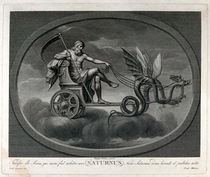 view Astronomy: Saturn with his scythe, riding in his chariot. Engraving by C. Lasinio after Raphael, 1516.