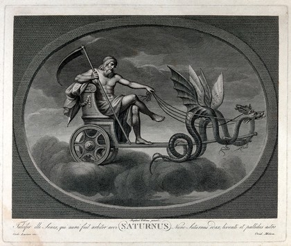 Astronomy: Saturn with his scythe, riding in his chariot. Engraving by C. Lasinio after Raphael, 1516.