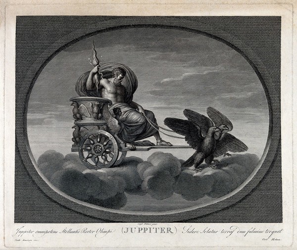 Astronomy: Jupiter in his chariot, drawn by a pair of eagles. Engraving by C. Lasinio after Raphael, 1516.