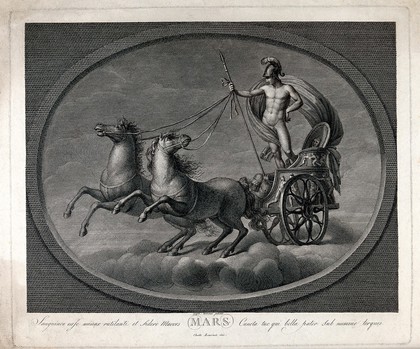 Astronomy: Mars with his sword, in his chariot. Engraving by C. Lasinio after Raphael, 1516.